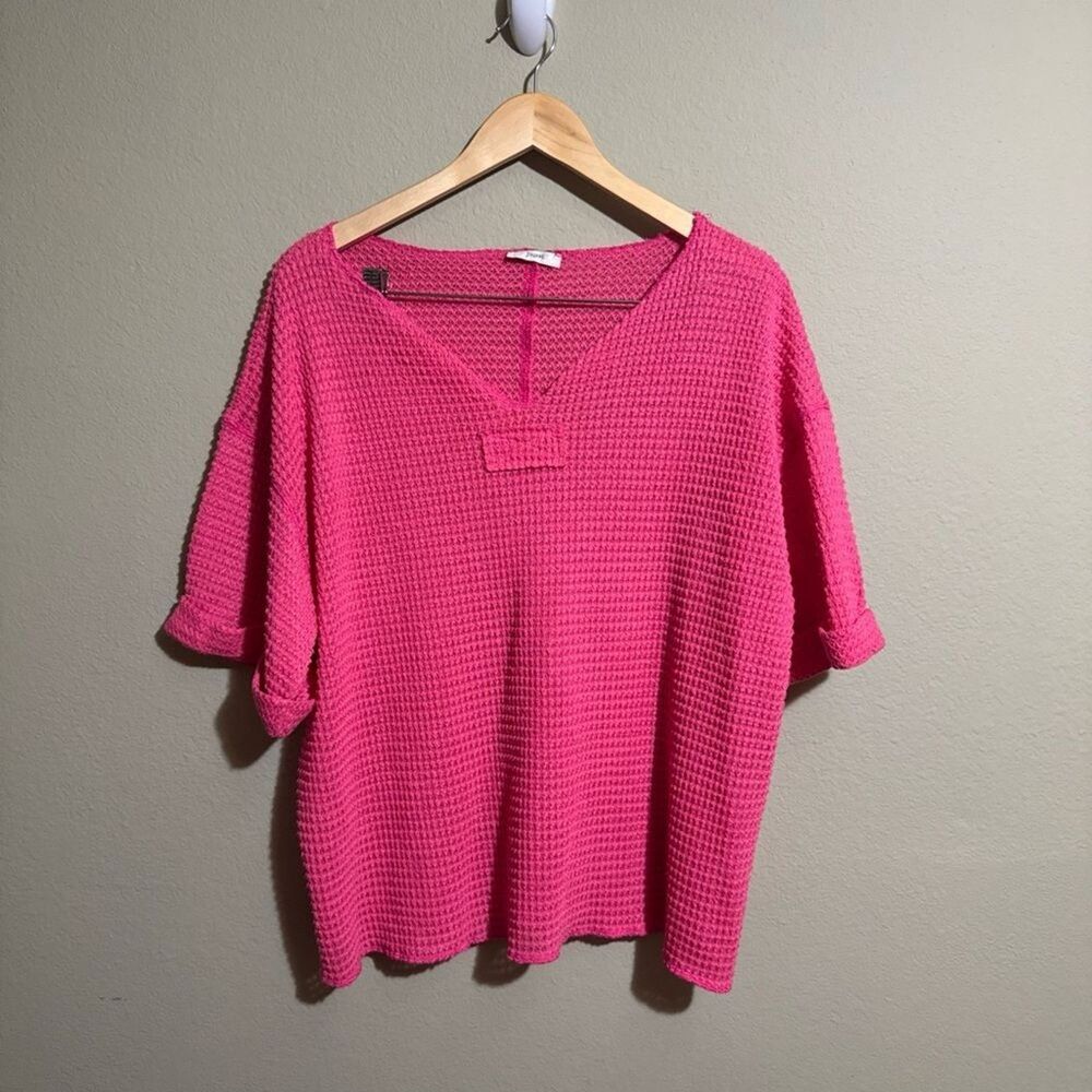 JODIFL Pink Waffle Knit V Neck Short Sleeve Top Women's Size M